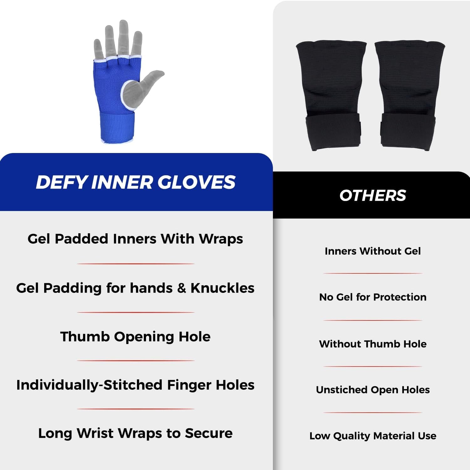 Defy™ Gel Padded Inner Gloves with Hand Wraps - MMA Muay Thai Boxing Fight Pair